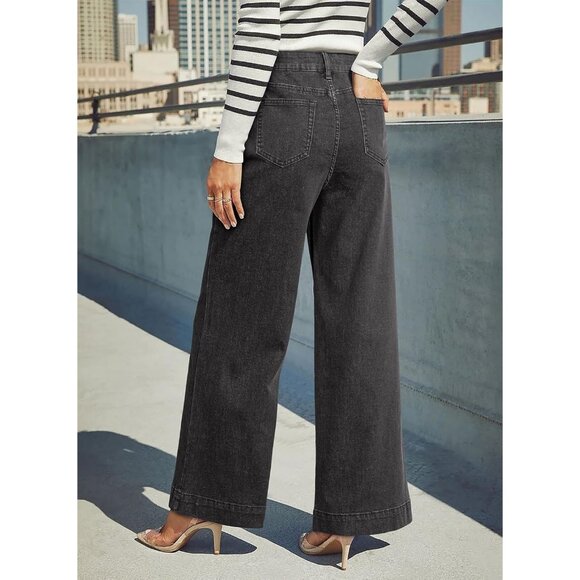 Women's Dark Grey Waisted Wide Leg Denim Jeans Stretchy Loose Pants with Pockets - Picture 5 of 6